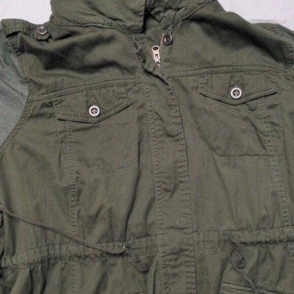 TORRID Drawstring First and Fit Anorak Twill & Jersey Olive Women's Jacket-4 - Picture 4 of 11